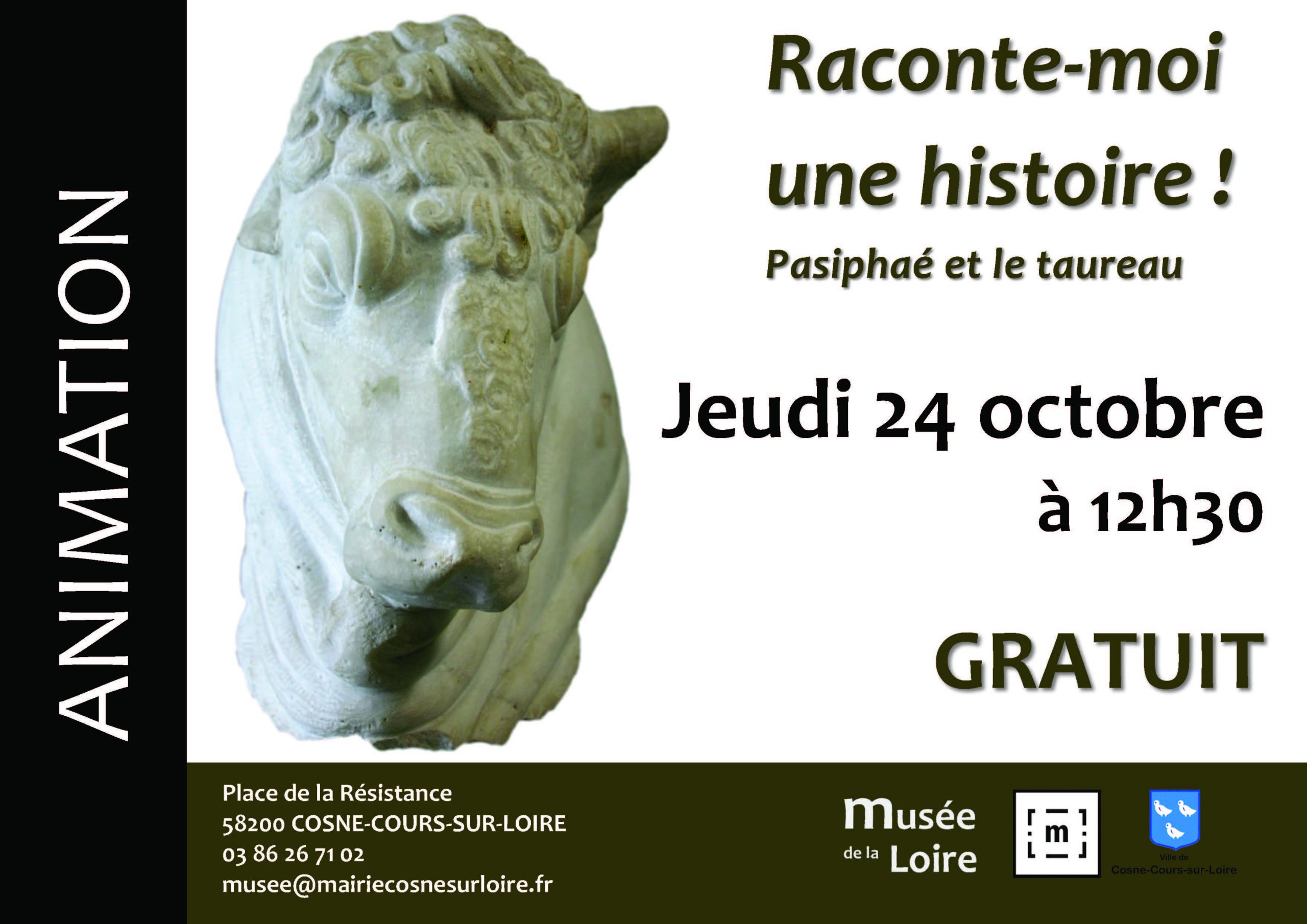 Animation Raconte-moi une histoire Pasiphaé et le taureau Jeudi 24 octobre 2024 à 12h30 au Musée de la Loire de Cosne-Cours-sur-Loire